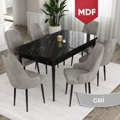Canisa Concept Ram 80x132 CM 6 Baby Face Kumaş Gri Sandalye Siyah Mermer Desen Açılabilir Yemek Masası