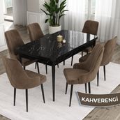 Canisa Concept Ram 80x132 CM 6 Baby Face Kumaş Kahverengi Sandalye Siyah Mermer Desen Açılabilir Yemek Masası