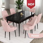 Canisa Concept Ram 80x132 CM 6 Baby Face Kumaş Pembe Sandalye Siyah Mermer Desen Açılabilir Yemek Masası