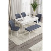 Canisa Concept Rio Serisi 80x132 cm Benchli Beyaz Mermer Desenli Füme Mdf Mutfak Masası Takımı