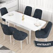 Canisa Concept Taç Serisi, Açılabilir 80X132 Beyaz Yemek Odası Takımı , 6 Sandalye Gold Halkalı - Antrasit