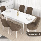 Canisa Concept Taç Serisi, Açılabilir 80X132 Beyaz Yemek Odası Takımı , 6 Sandalye Gold Halkalı - Kahverengi