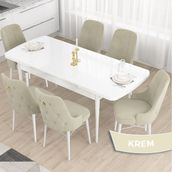 Canisa Concept Taç Serisi, Açılabilir 80X132 Beyaz Yemek Odası Takımı , 6 Sandalye Gold Halkalı - Krem