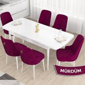 Canisa Concept Taç Serisi, Açılabilir 80X132 Beyaz Yemek Odası Takımı , 6 Sandalye Gold Halkalı - Mürdüm