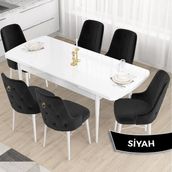 Canisa Concept Taç Serisi, Açılabilir 80X132 Beyaz Yemek Odası Takımı , 6 Sandalye Gold Halkalı - Siyah
