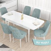 Canisa Concept Taç Serisi, Açılabilir 80X132 Beyaz Yemek Odası Takımı , 6 Sandalye Gold Halkalı - Su Yeşili