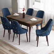 Canisa Concept Tia Serisi, Barok Ahşap Desen 80X132 Açılabilir Mdf Yemek Odası Takımı 6 Sandalye Gold Detay - Lacivert