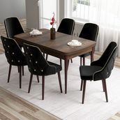 Canisa Concept Tia Serisi, Barok Ahşap Desen 80X132 Açılabilir Mdf Yemek Odası Takımı 6 Sandalye Gold Detay - Siyah