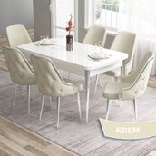 Canisa Concept Tia Serisi Beyaz Masa 80 x 132 cm Açılabilir Mdf Yemek Odası Takımı 6 Sandalye Gümüş Detay - 80x132 - Krem