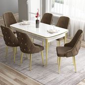 Canisa Concept Tia Serisi, Beyaz MASA,80X132 Açılabilir Mdf Yemek Odası Takımı 6 Sandalye Gold Detay - Kahverengi