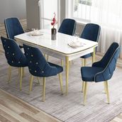 Canisa Concept Tia Serisi, Beyaz MASA,80X132 Açılabilir Mdf Yemek Odası Takımı 6 Sandalye Gold Detay - Lacivert