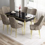 Canisa Concept Tia Serisi, Siyah Mermer Desen 80X132 Açılabilir Mdf Yemek Odası Takımı 6 Sandalye Gold Detay - Cappuccino