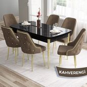 Canisa Concept Tia Serisi, Siyah Mermer Desen 80X132 Açılabilir Mdf Yemek Odası Takımı 6 Sandalye Gold Detay - Kahverengi