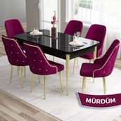 Canisa Concept Tia Serisi, Siyah Mermer Desen 80X132 Açılabilir Mdf Yemek Odası Takımı 6 Sandalye Gold Detay - Mürdüm