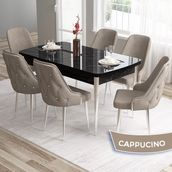Canisa Concept Tia Serisi, Siyah Mermer Desen 80X132 Açılabilir Mdf Yemek Odası Takımı 6 Sandalye Gümüş Detay - Cappuccino
