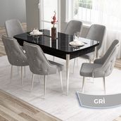 Canisa Concept Tia Serisi, Siyah Mermer Desen 80X132 Açılabilir Mdf Yemek Odası Takımı 6 Sandalye Gümüş Detay - Gri