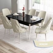 Canisa Concept Tia Serisi, Siyah Mermer Desen 80X132 Açılabilir Mdf Yemek Odası Takımı 6 Sandalye Gümüş Detay - Krem