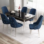Canisa Concept Tia Serisi, Siyah Mermer Desen 80X132 Açılabilir Mdf Yemek Odası Takımı 6 Sandalye Gümüş Detay - Lacivert
