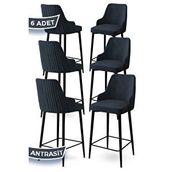 Canisa Enox Serisi 6 Adet Antrasit 1. Sınıf Babyface Kumaş Siyah Metal Ayaklı Bar Sandalyesi
