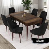 Canisa Eta Serisi 80x132 Açılabilir Mdf Barok Ahşap Desen Masa Takımı ve 6 Adet Siyah Sandalye