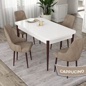 Canisa Eta Serisi 80x132 Açılabilir Mdf Beyaz Ceviz Ayak Masa Takımı ve 4 Adet Cappucino Sandalye
