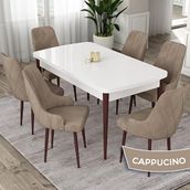 Canisa Eta Serisi 80x132 Açılabilir Mdf Beyaz Ceviz Ayak Masa Takımı ve 6 Adet Cappucino Sandalye