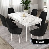Canisa Eta Serisi 80x132 Açılabilir Mdf Beyaz Mermer Desen Masa Takımı ve 6 Adet Siyah Sandalye