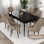 Canisa Eta Serisi 80x132 Açılabilir Mdf Siyah Mermer Desen Masa Takımı ve 6 Adet Cappucino Sandalye