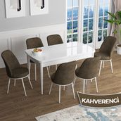 Canisa Han Serisi 70x114 Açılabilir Mdf Beyaz Masa Takımı ve 6 Adet Kahverengi Sandalye