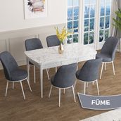 Canisa Han Serisi 70x114 Açılabilir Mdf Beyaz Mermer Desen Masa Takımı ve 6 Adet Füme Sandalye