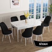 Canisa Han Serisi 70x114 Açılabilir Mdf Beyaz Mermer Desen Masa Takımı ve 6 Adet Siyah Sandalye