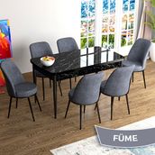 Canisa Han Serisi 70x114 Açılabilir Mdf Siyah Mermer Desen Masa Takımı ve 6 Adet Füme Sandalye