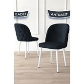 Canisa Kage Serisi 2 Adet Antrasit 1. Sınıf Babyface Kumaş Kapitoneli Beyaz Metal Ayaklı Yemek Odası Sandalyesi