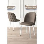 Canisa Kage Serisi 2 Adet Cappucino 1. Sınıf Babyface Kumaş Kapitoneli Beyaz Metal Ayaklı Yemek Odası Sandalyesi