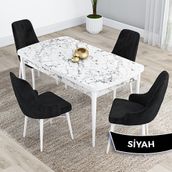 Canisa Kar Serisi 80x132 Açılabilir Mdf Beyaz Mermer Desen Masa Takımı ve 4 Adet Siyah Sandalye