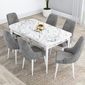 Canisa Kar Serisi 80x132 Açılabilir Mdf Beyaz Mermer Desen Masa Takımı ve 6 Adet Gri Sandalye