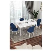 Canisa Kor Serisi 4 Sandalye Lacivert Beyaz Mermer Desen 70x114 Açılabilir Mutfak Masa Takımı