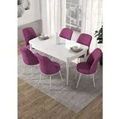 Canisa Kor Serisi 6 Sandalye Mor Beyaz Masa 70x114 Açılabilir Mutfak Masa Takımı