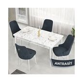 Canisa Lav Serisi 80x132 Beyaz Mermer Desen Masa Takımı ve Gold Halkalı 4 Adet Antrasit Sandalye