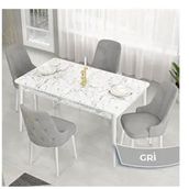 Canisa Lav Serisi 80x132 Beyaz Mermer Desen Masa Takımı ve Gold Halkalı 4 Adet Gri Sandalye