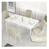 Canisa Lav Serisi 80x132 Beyaz Mermer Desen Masa Takımı ve Gold Halkalı 4 Adet Krem Sandalye
