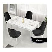 Canisa Lav Serisi 80x132 Beyaz Mermer Desen Masa Takımı ve Gold Halkalı 4 Adet Siyah Sandalye