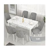 Canisa Lav Serisi 80x132 Beyaz Mermer Desen Masa Takımı ve Gold Halkalı 6 Adet Gri Sandalye