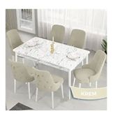 Canisa Lav Serisi 80x132 Beyaz Mermer Desen Masa Takımı ve Gold Halkalı 6 Adet Krem Sandalye