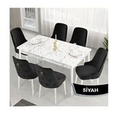 Canisa Lav Serisi 80x132 Beyaz Mermer Desen Masa Takımı ve Gold Halkalı 6 Adet Siyah Sandalye