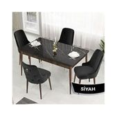 Canisa Lav Serisi 80x132 Siyah Mermer Desen Ceviz Ayak Masa Takımı ve Gold Halkalı 4 Adet Siyah Sandalye