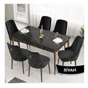 Canisa Lav Serisi 80x132 Siyah Mermer Desen Ceviz Ayak Masa Takımı ve Gold Halkalı 6 Adet Siyah Sandalye