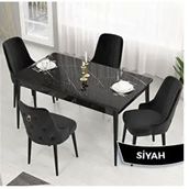 Canisa Lav Serisi 80x132 Siyah Mermer Desen Masa Takımı ve Gold Halkalı 4 Adet Siyah Sandalye