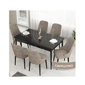 Canisa Lav Serisi 80x132 Siyah Mermer Desen Masa Takımı ve Gold Halkalı 6 Adet Cappucino Sandalye