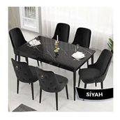 Canisa Lav Serisi 80x132 Siyah Mermer Desen Masa Takımı ve Gold Halkalı 6 Adet Siyah Sandalye